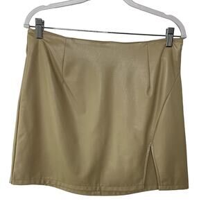 Rewash Brand Mini Skirt Faux Leather Beige Thigh Slit Sexy Office Siren Brats L